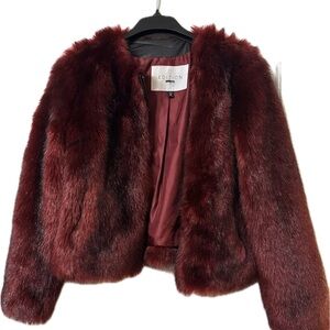 Express burgundy faux fur bomber jacket